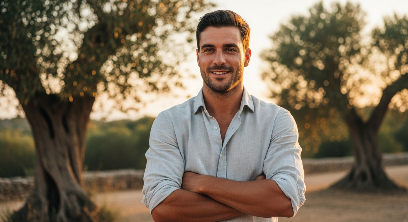 Young Mediterranean man in casual wear smiling outdoors with olive trees in background