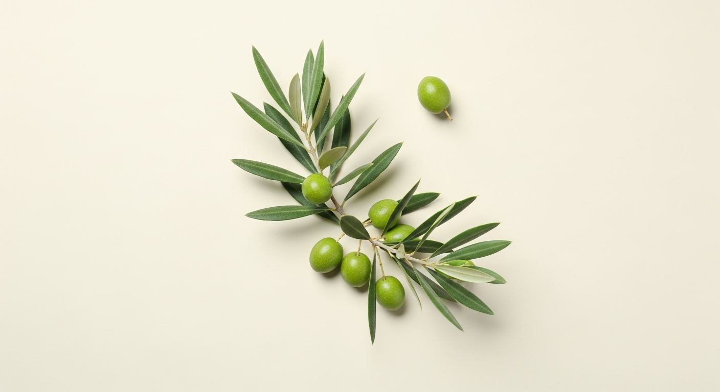 Fresh green olive leaves and branches on light background