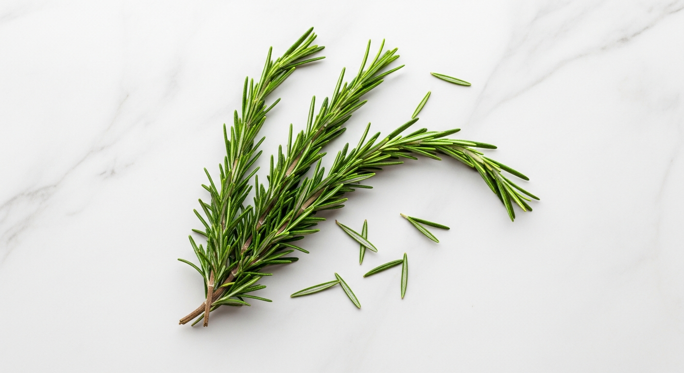 Fresh rosemary sprigs on white marble surface