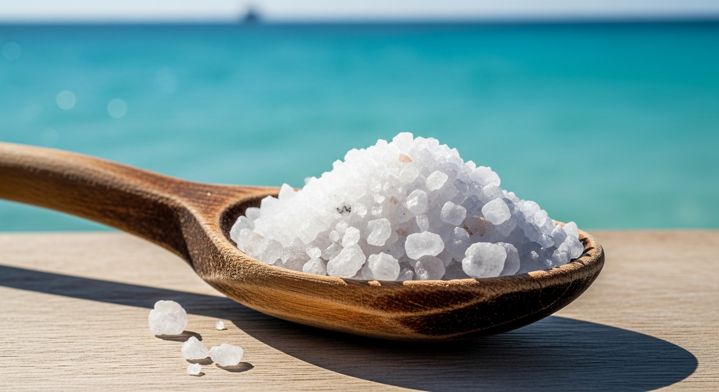 Mediterranean sea salt crystals on wooden spoon with ocean background