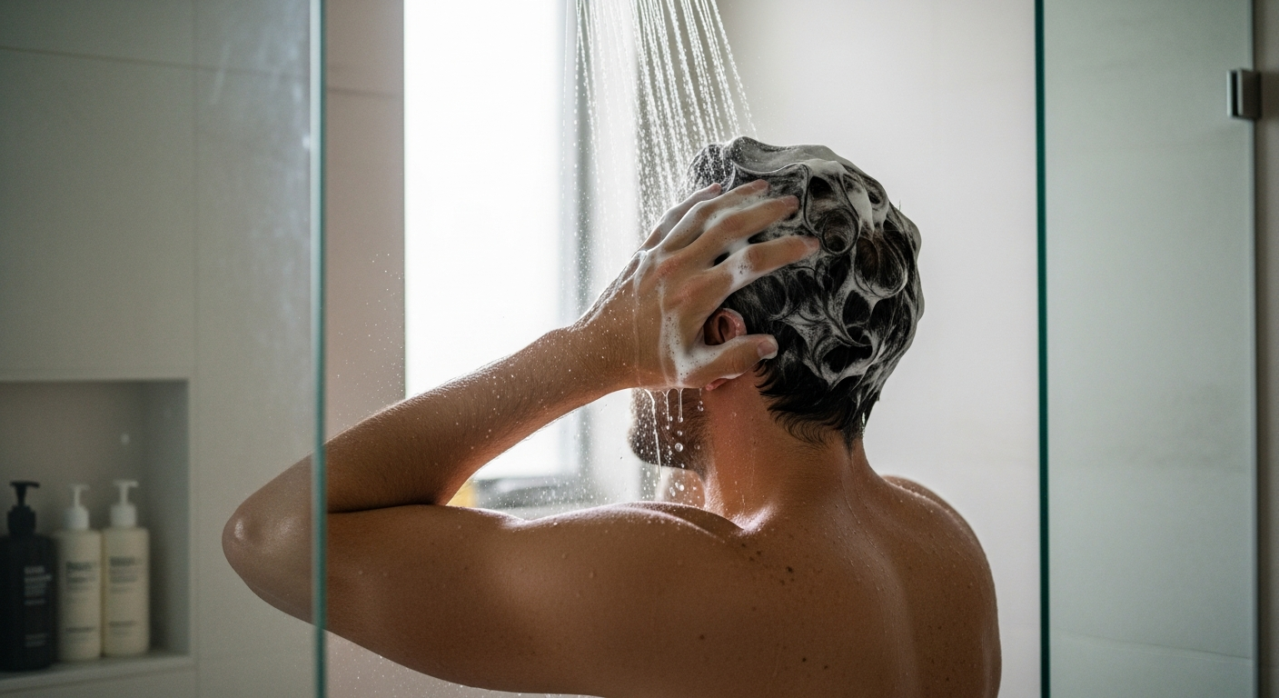 Man applying shampoo to wet hair in shower