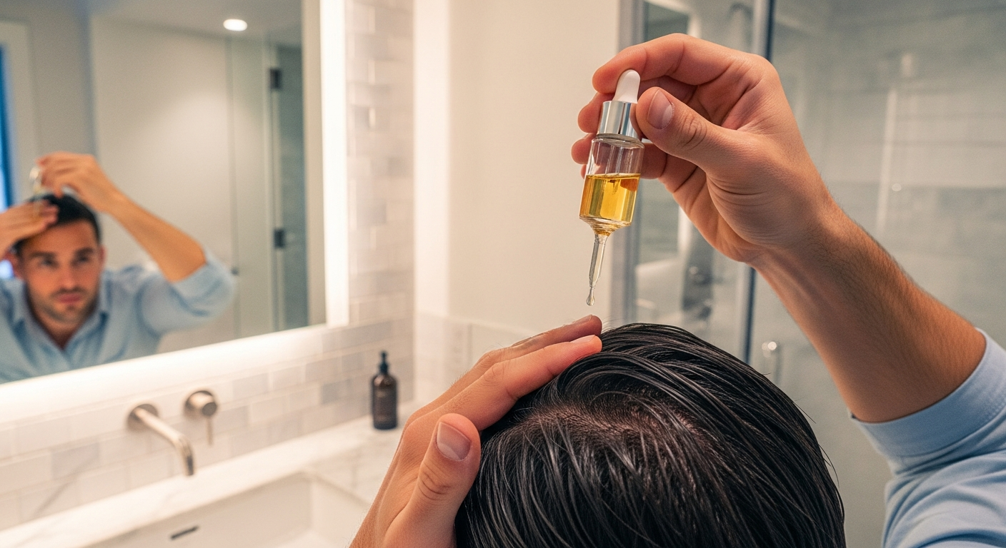 Man applying scalp treatment serum with dropper to hairline